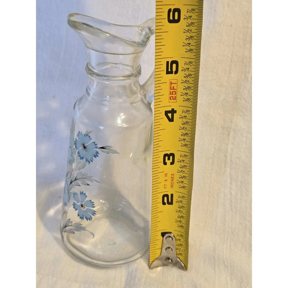 Vintage Farmhouse Glass Blue Floral Vinegar or Oil Cruet Syrup Pitcher‎ Small